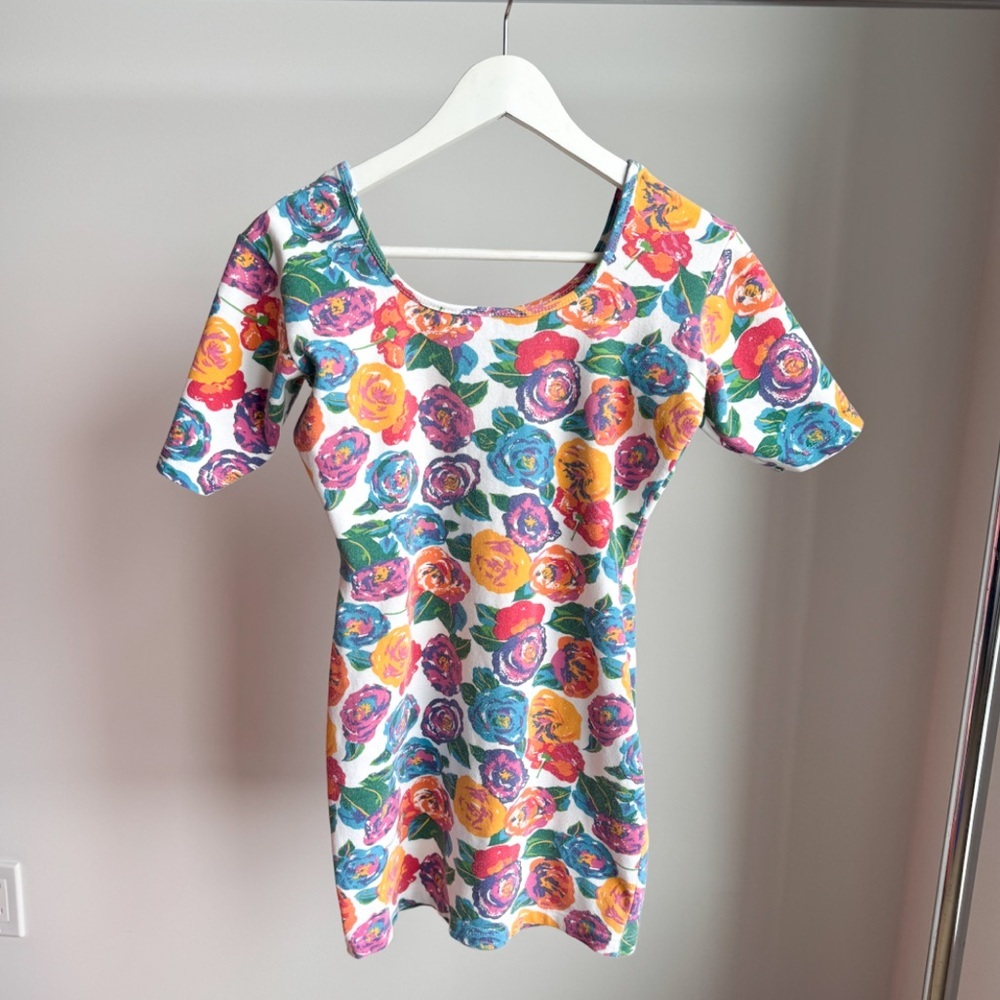 Vtg 90s Rainbow Floral Short Sleeve Mini Bodycon Dress Saved By The Bell Vibes - Picture 2 of 10